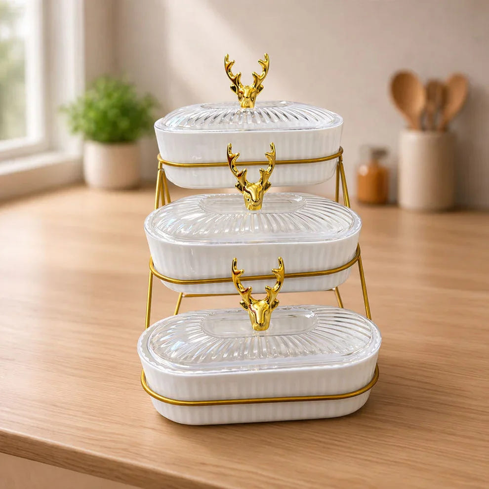 3 Tier Glass Fruit Basket with Metal Stand | Oval Tiered Fruit Basket & Snack Organizer | Detachable Dessert Stand for Kitchen Counter & Dining Table