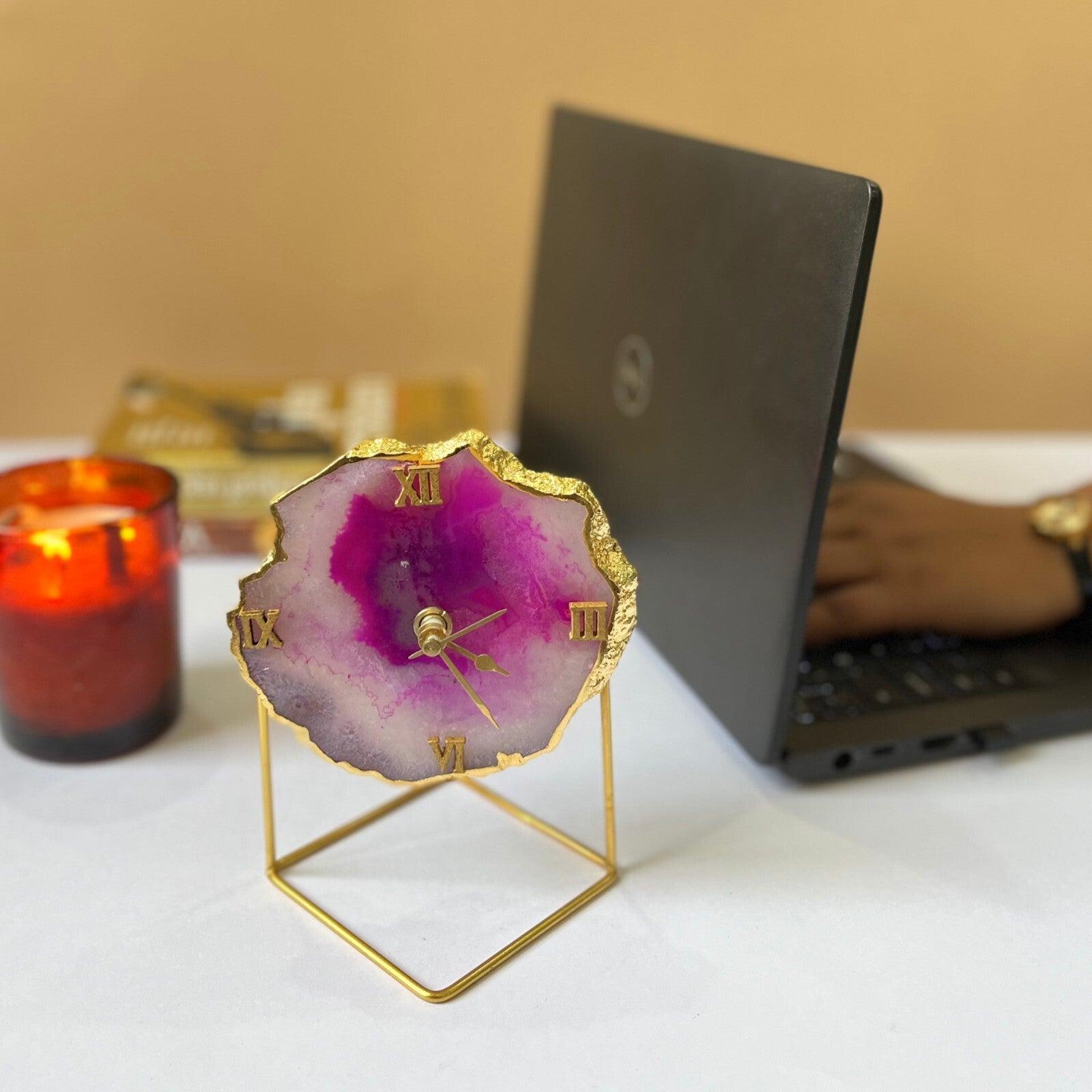 Brazilian Agate Desktop Clock with Metal Stand | Antique Timepiece