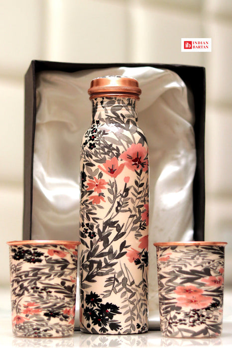 Flower Print Copper Bottle Set for Gifting | Stylish Office Carrying Bottles