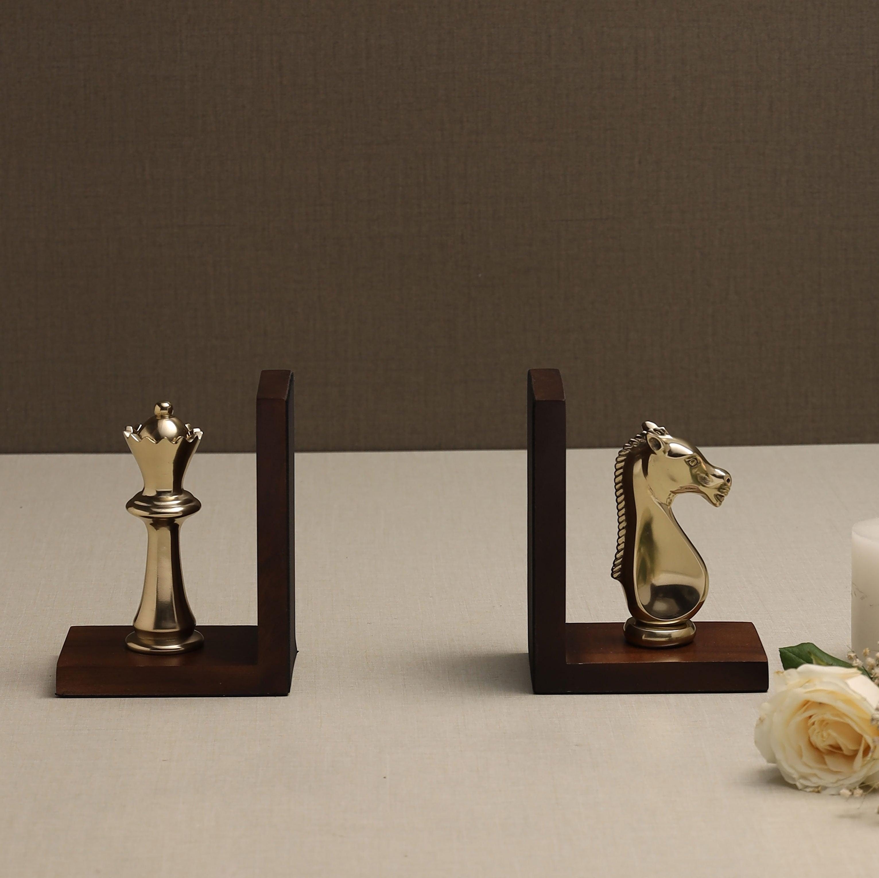 Stalemate Book Ends | Chess Piece Bookends with Walnut Wood Base for Shelf Décor | Book Stopper