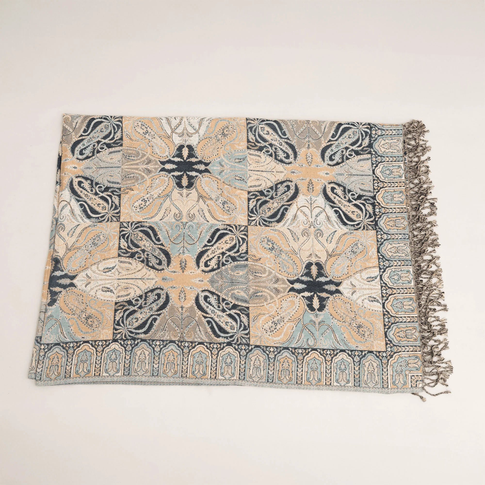 Vintage Azure Throw Blanket | Heritage Design Cotton Wool Sofa Throw for Living Room & Bedroom Decor