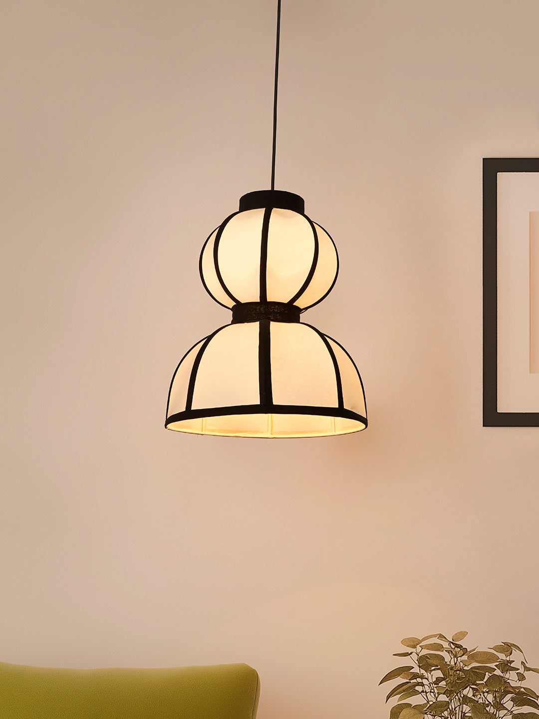 12-Inch Japandi Double Bowl Fabric
  Pendant | Zen Asian Style White Lantern with Black Structural Ribbing