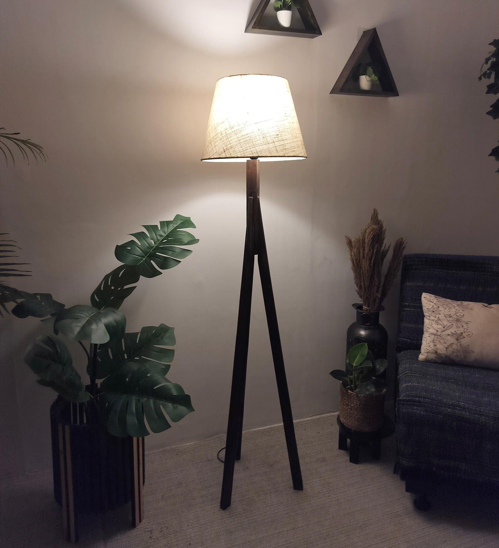 Triune Wooden Floor Lamp with Brown Base and Beige Fabric Lampshade