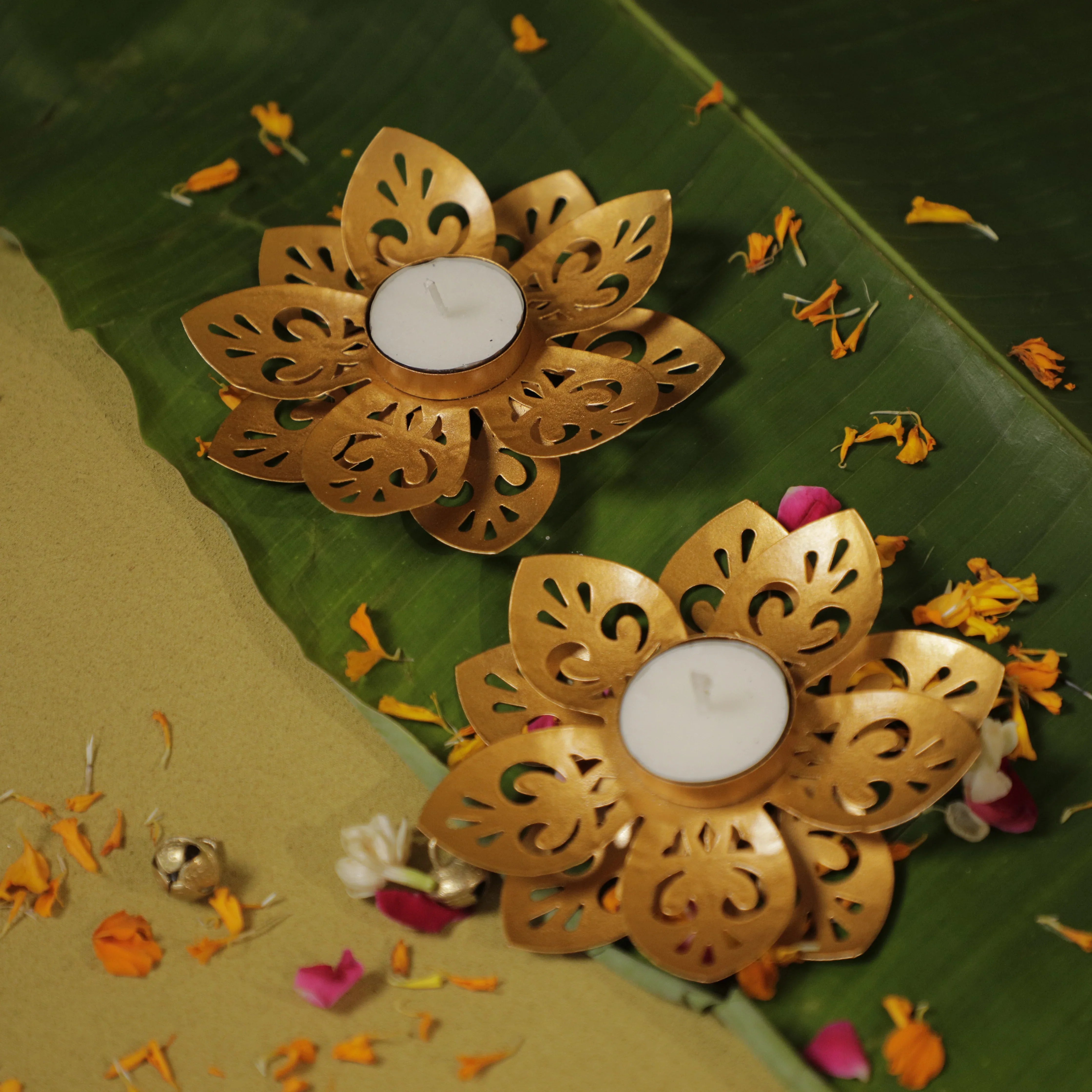 Gold Lotus Cutwork Tealight Holders | Set of 2