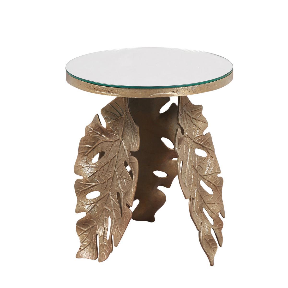 Leaf Antique Brass Aluminium Round Side Table for Living Room | Mirror Glass Top Decorative Corner Table