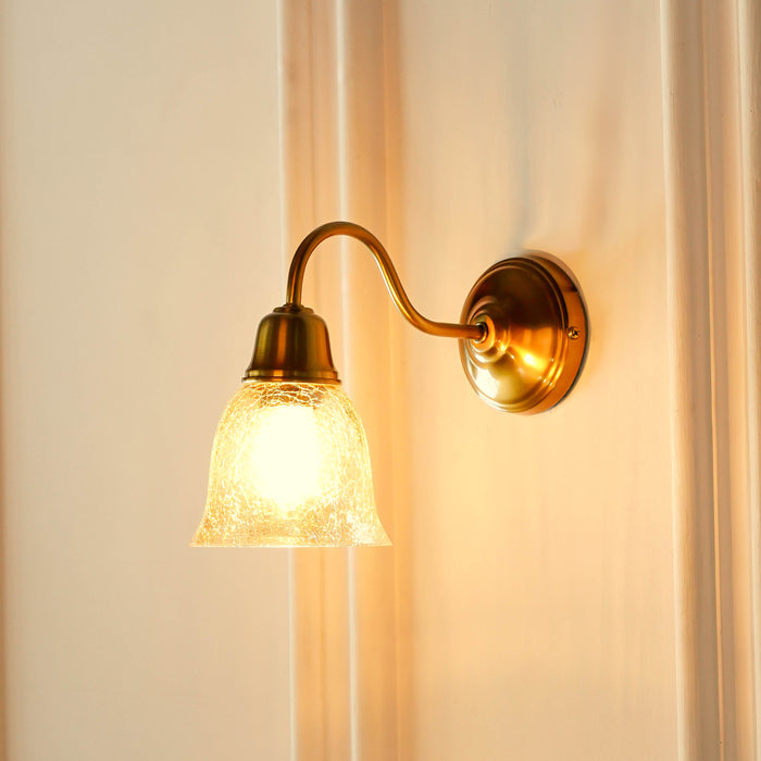 Brass Antique Finish Curved Down Wall Lamp with Cup Glass Crackled Golden Luster Shade