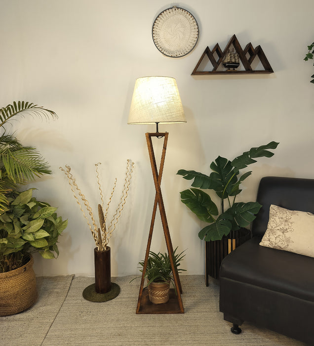 Monica Wooden Floor Lamp with Beige Fabric Lampshade