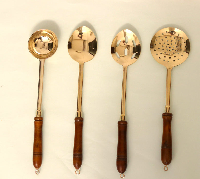 Brass Serving Ladles With Wooden Handles Set Of 4 | Kansa Kitchen Utensils