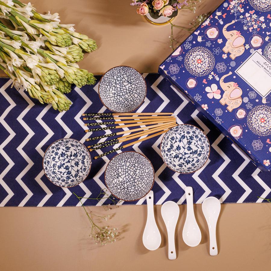 Japanese style Ceramic Rice Bowl Set | Serving Bowl | Ramen Bowl with Chopsticks (Set of 12)