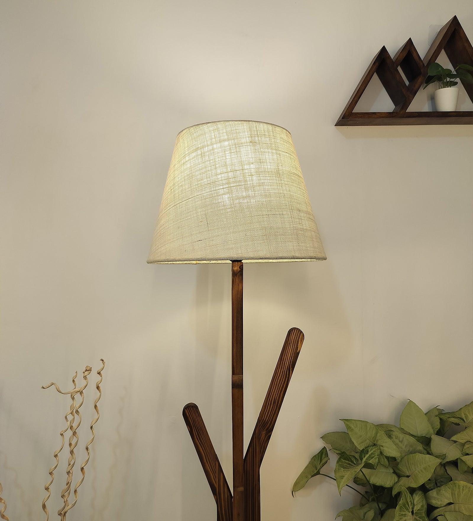 Vrikshya Wooden Floor Lamp with Brown Base and Premium Beige Fabric Lampshade