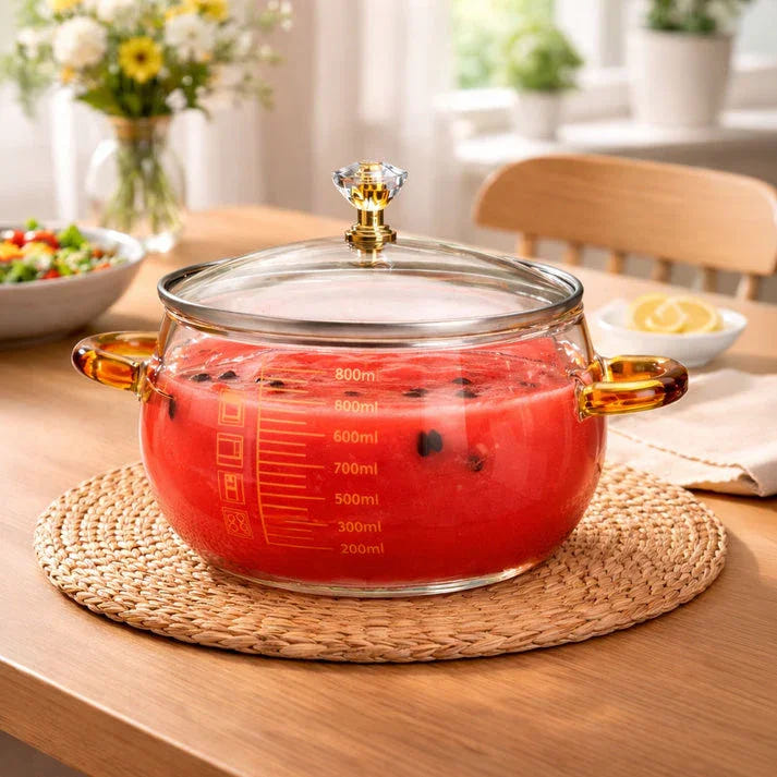 Borosilicate Glass Cooking Pot with Lid (800ml) | Heat Resistant Transparent Saucepan with Measuring Scale | Clear Soup & Milk Pot for Gas Induction & Microwave