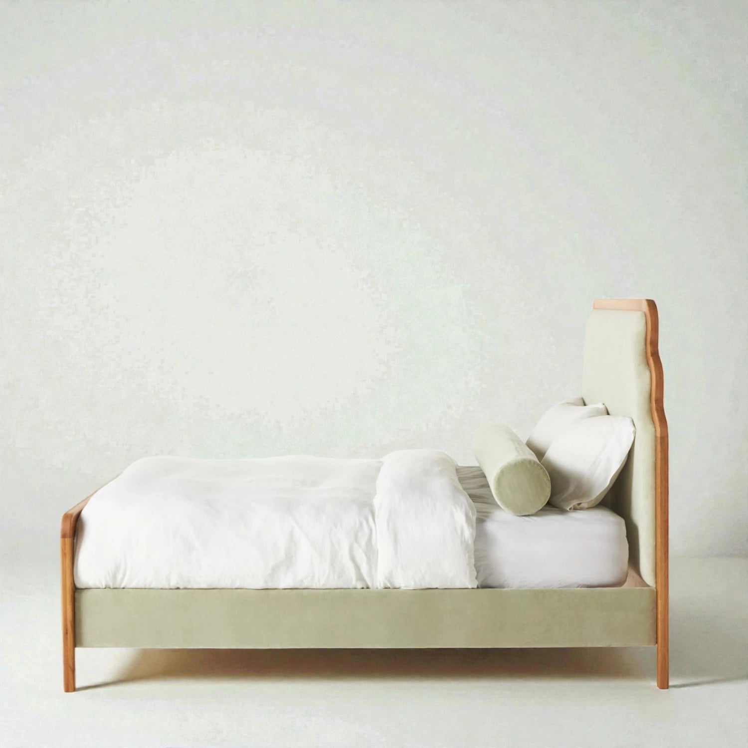 Pinaca Solid Teak Wood And Fabric Upholstery King Size Bed