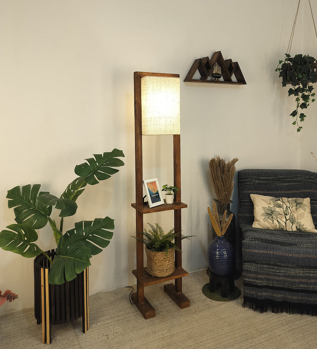 Biped Wooden Floor Lamp with Beige Fabric Lampshade