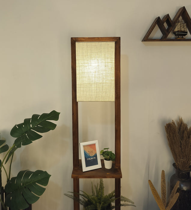 Biped Wooden Floor Lamp with Beige Fabric Lampshade