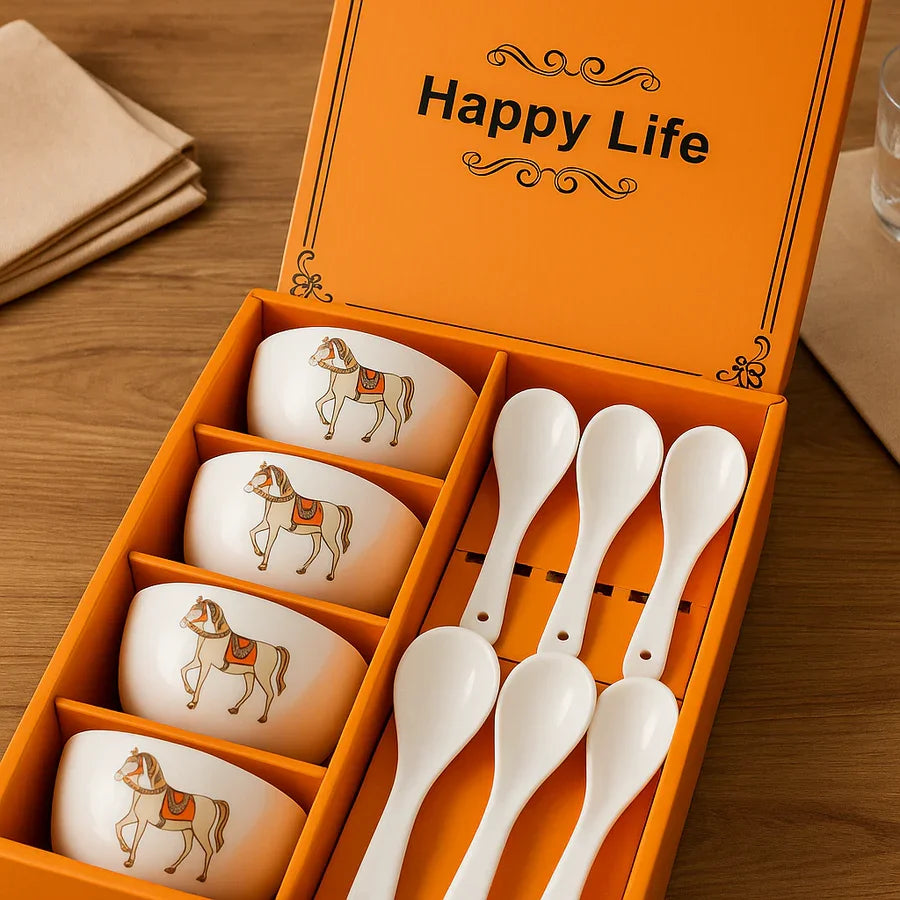 Ceramic Soup Bowl Set with Spoons | 4 Bowls & 4 Soup Spoons | Horse Print Design | Elegant Gift Box for Dining & Gifting