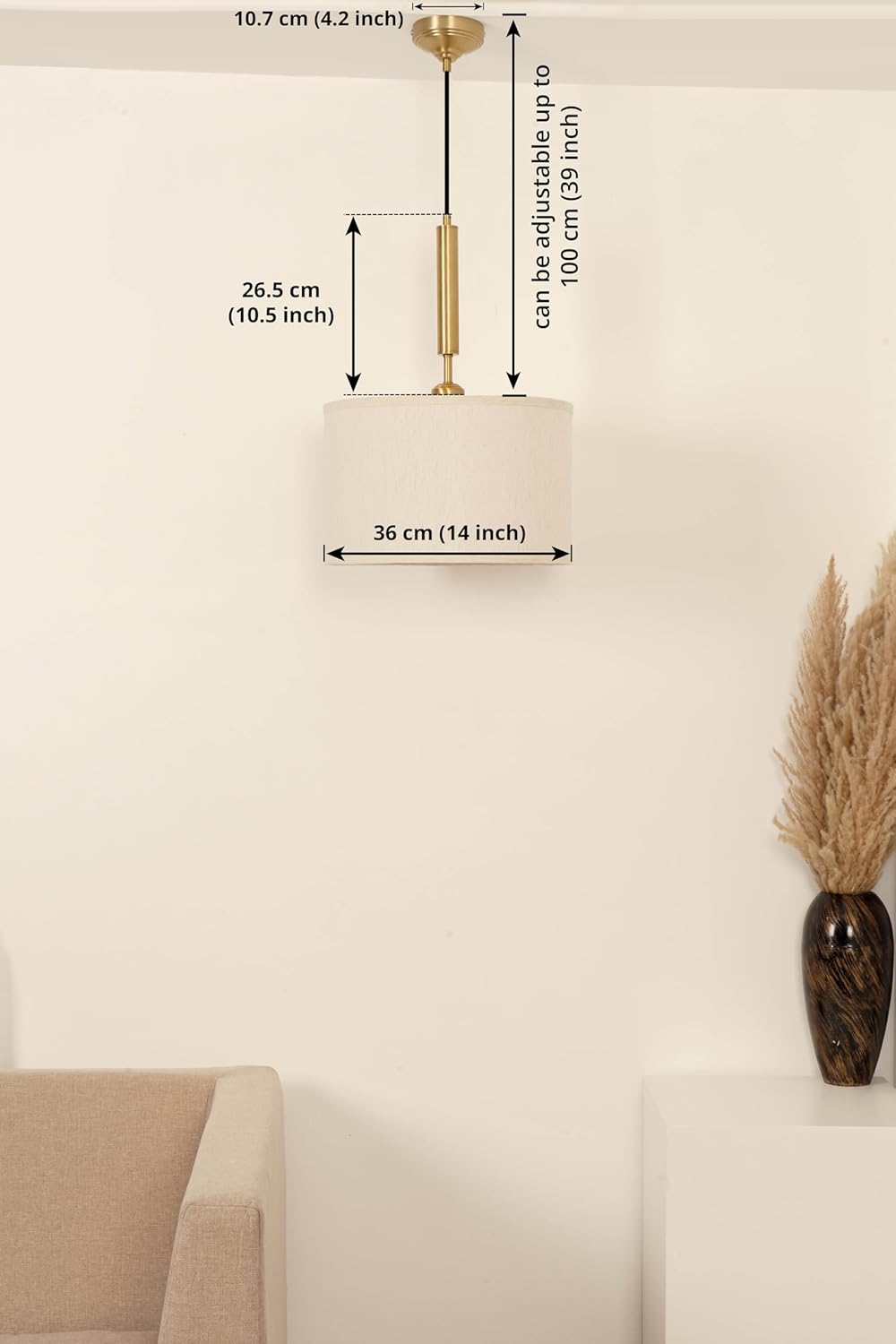 Brass Antique Cotton Fabric Lamp Shade 14" Diameter Hanging Lamps for Living Room, Bedroom, Restaurant, Cafe