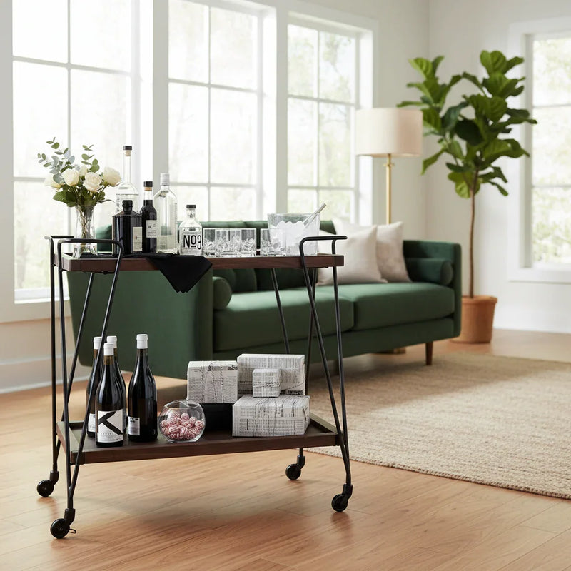 Wood & Metal Bar Serving Trolley With Wheels For Home Bar And Living Room