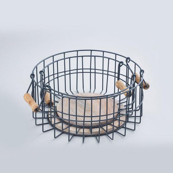 Buy Basket - Black Iron & Wood Round Baskets With Handle Set Of 2 For Storage by Indecrafts on IKIRU online store