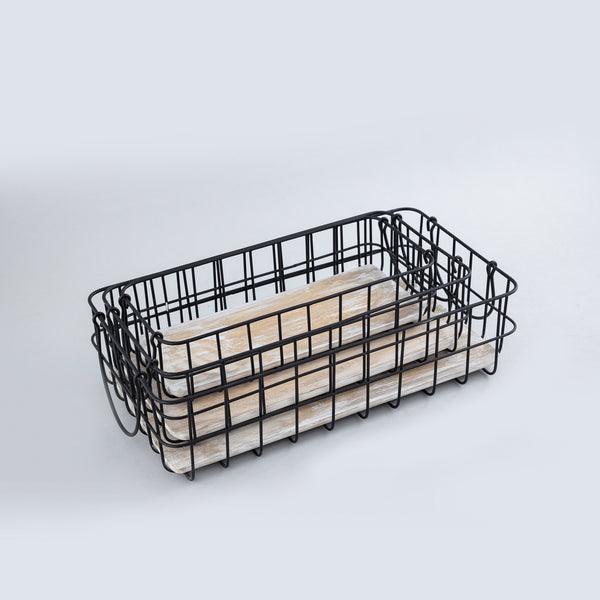 Buy Basket - Natural Black Iron & Wooden Rectangular Basket Trays For Storage Set of 3 by Indecrafts on IKIRU online store