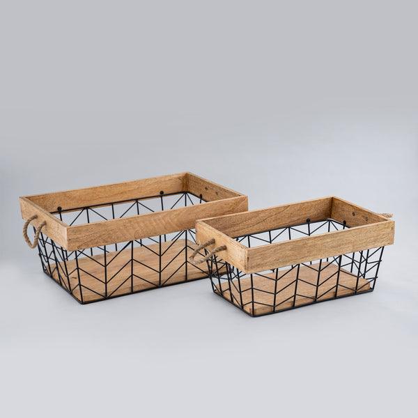 Buy Basket - Natural Iron & Wood Rectangular Baskets with Handles Set of 2 For Storage by Indecrafts on IKIRU online store