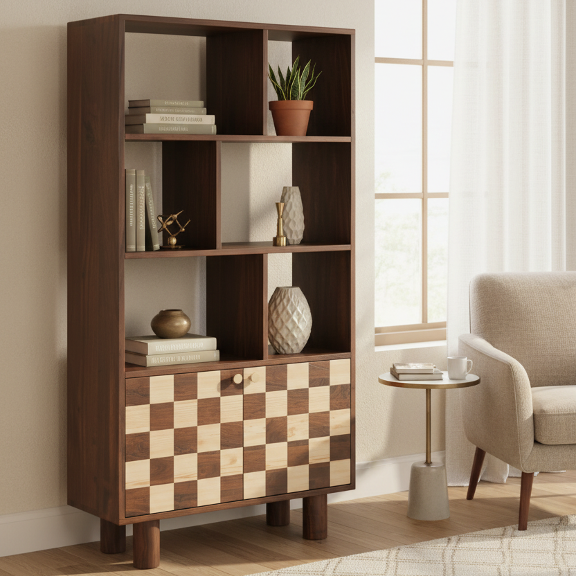 Chess Bookshelf Rack for Study Room | Wooden Book Stand Unit