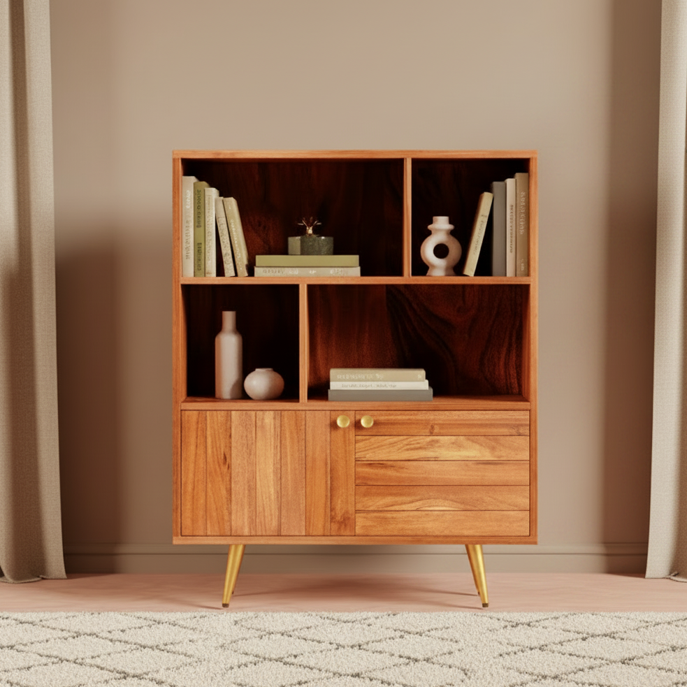 Slat Bookshelf For Living Room | Mango Wood Book Case with Door