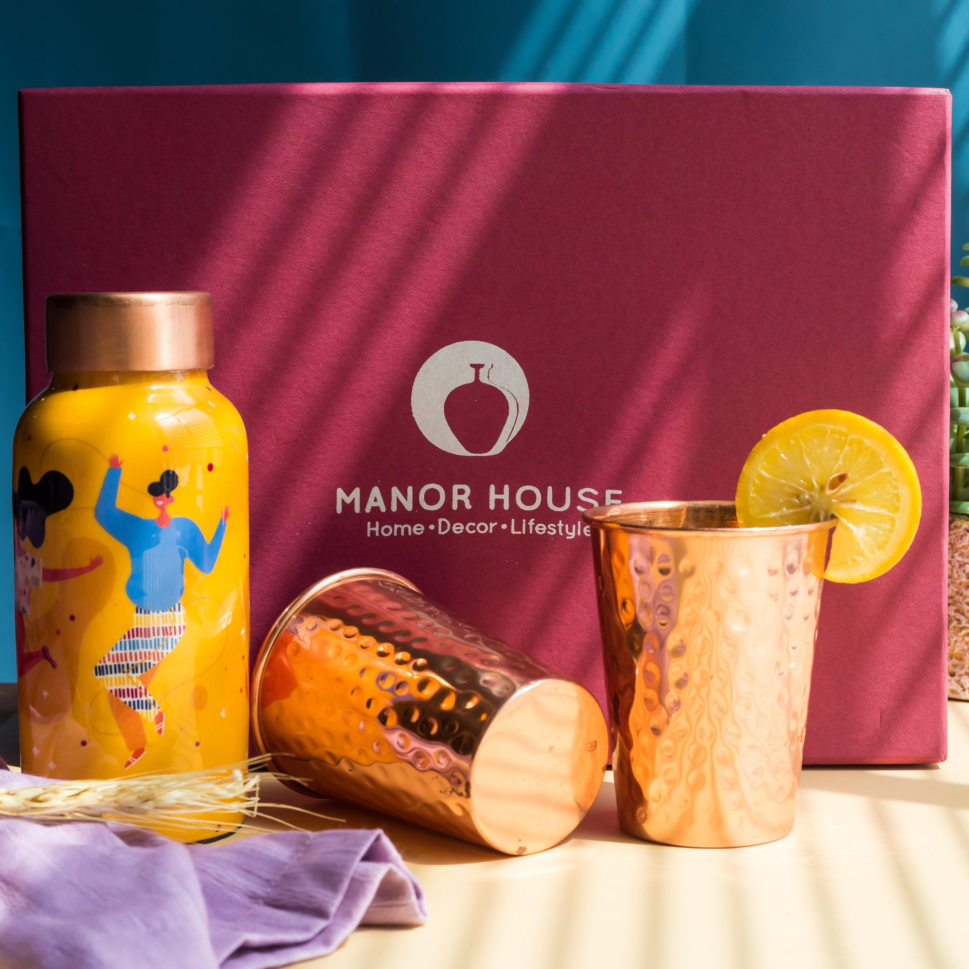 Buy Bottles - Copper Metal Bottle & 2 Glasses Drinkware Set For Dining & Gift by Manor House on IKIRU online store