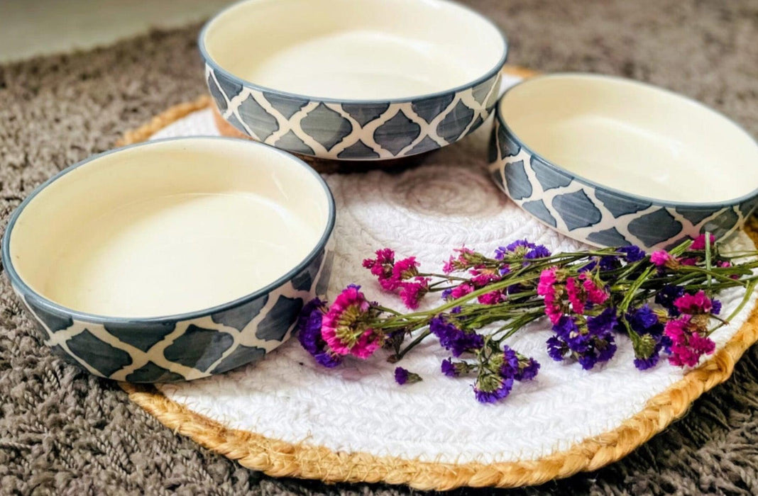 Buy Bowl - Grey & White Ceramic Vintage Flat Bowl Set 3 For Serveware & Dining by Ceramic Kitchen on IKIRU online store