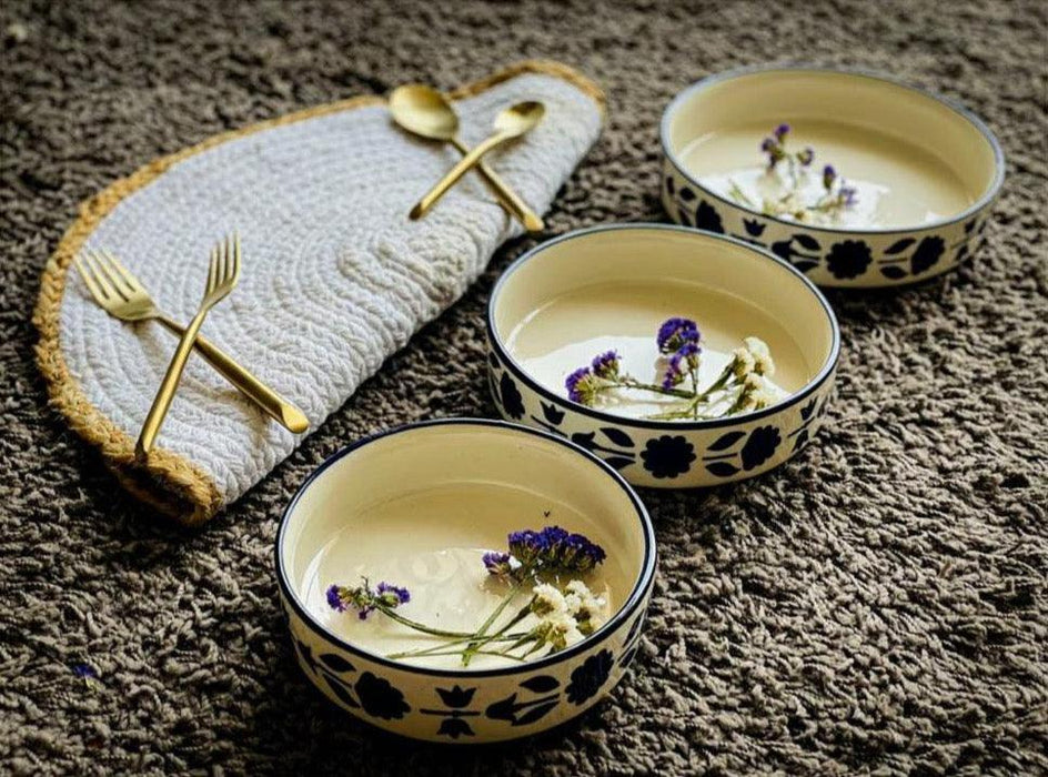 Buy Bowls & Katori - Hand Painted Blue & White Flat Bowls | Ceramic Gifting Bowl Set Of 3 by Ceramic Kitchen on IKIRU online store