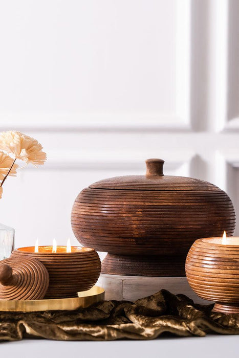 Buy Candle - Brown Carved Wooden Jar With Lid Scented Candle For Home & Table Decor by Doft Candles on IKIRU online store
