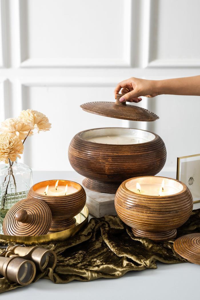 Buy Candle - Brown Carved Wooden Jar With Lid Scented Candle For Home & Table Decor by Doft Candles on IKIRU online store