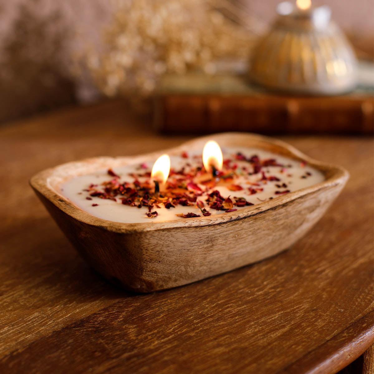 Buy Candle - Natural White Rectangular Mango Wooden Candle With Rose Petals For Home Decor by Home4U on IKIRU online store