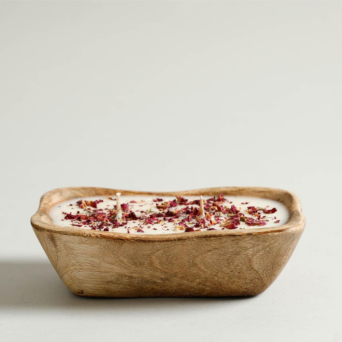 Buy Candle - Natural White Rectangular Mango Wooden Candle With Rose Petals For Home Decor by Home4U on IKIRU online store
