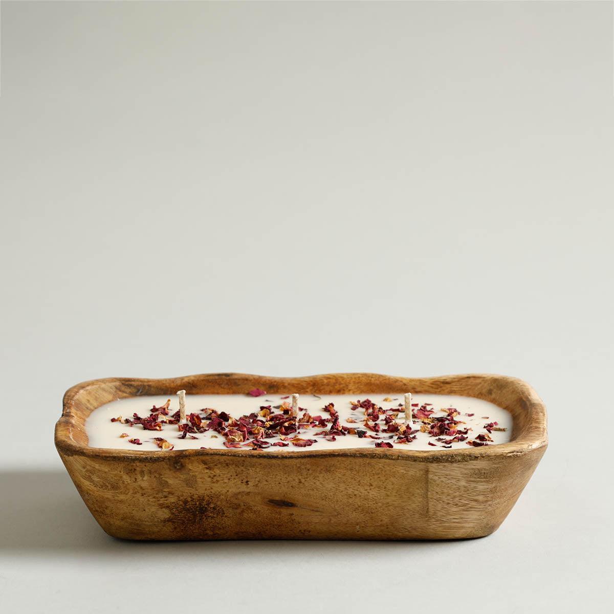 Buy Candle - Natural White Rectangular Mango Wooden Candle With Rose Petals For Home Decor by Home4U on IKIRU online store