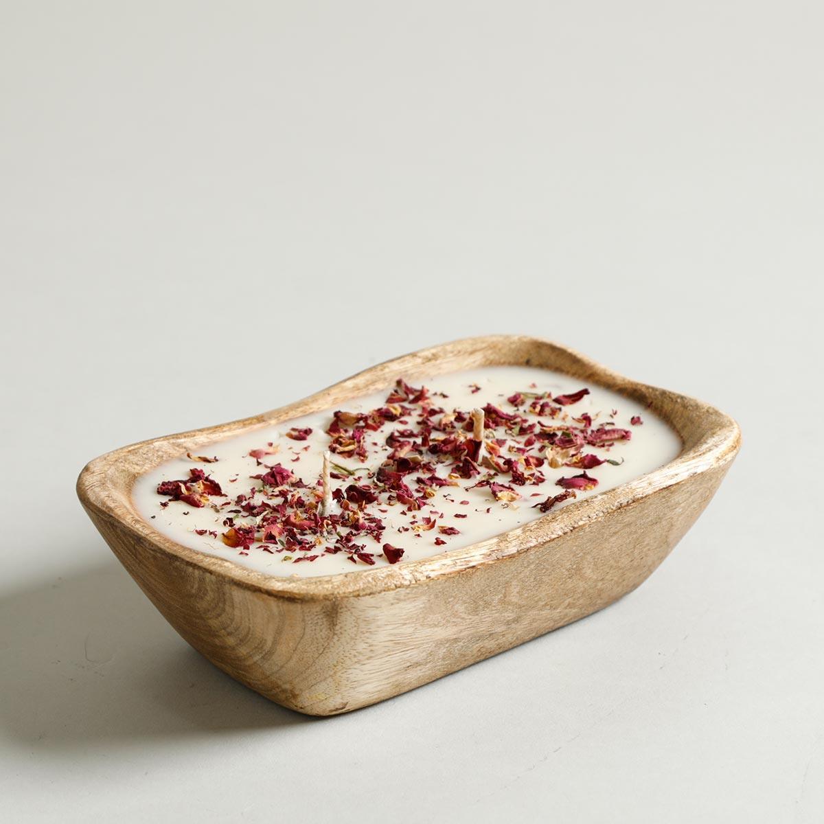 Buy Candle - Natural White Rectangular Mango Wooden Candle With Rose Petals For Home Decor by Home4U on IKIRU online store