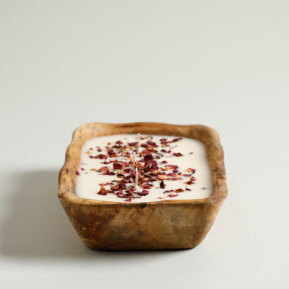 Buy Candle - Natural White Rectangular Mango Wooden Candle With Rose Petals For Home Decor by Home4U on IKIRU online store