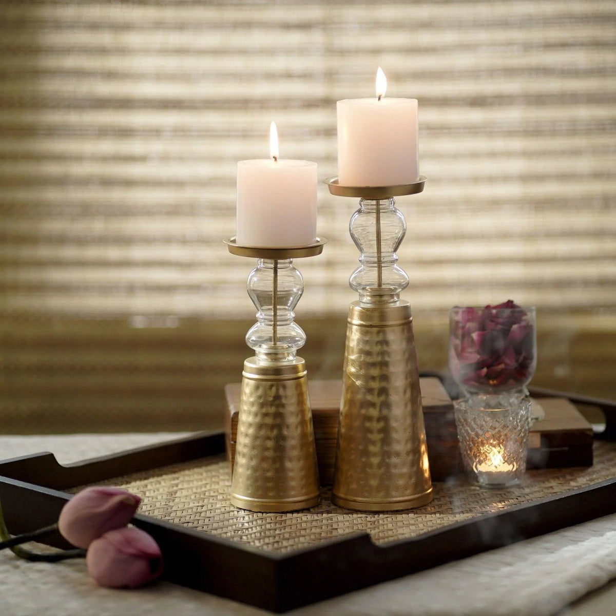 Golden Metal & Glass Decorative Candle Stand | Tea Light Holder Set Of 2
