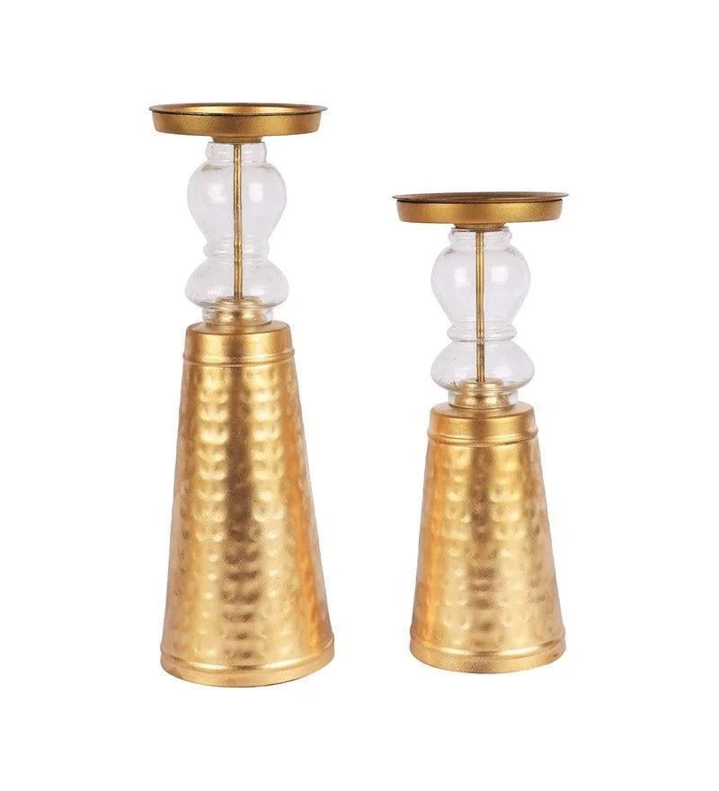 Golden Metal & Glass Decorative Candle Stand | Tea Light Holder Set Of 2