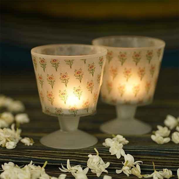 Buy Candle Stand - Mehendi Glass Printed T Light Candle Stand Set Of 2 For Side Table & Home Decor by Courtyard on IKIRU online store