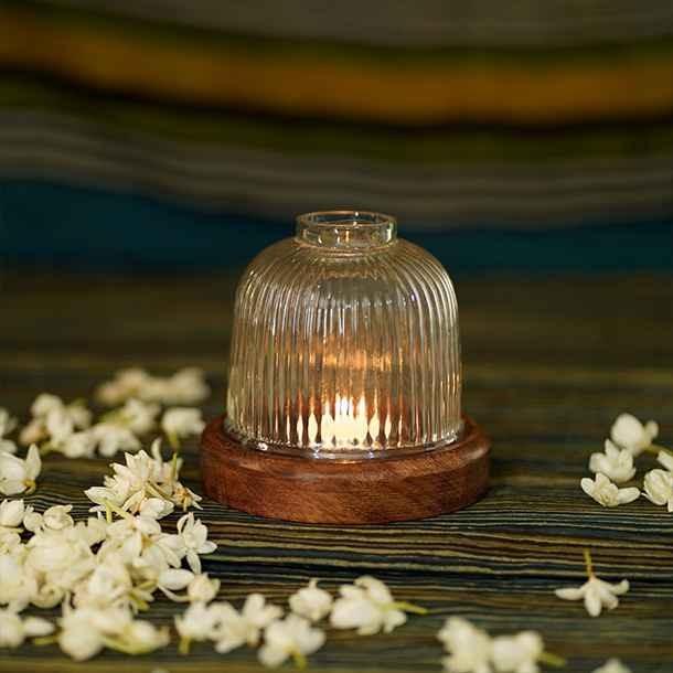 Buy Candle Stand - Stupa Wooden Candle Holder Stand With Glass Lid For Table & Home Decor by Courtyard on IKIRU online store