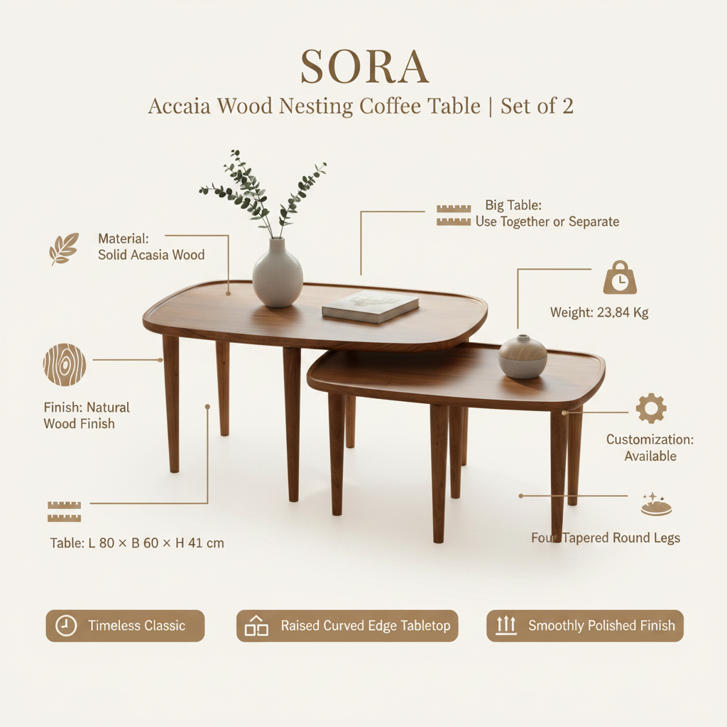 Sora Acacia Wood Coffee Table | Small Nesting Table Set Of 2 For Living Room
