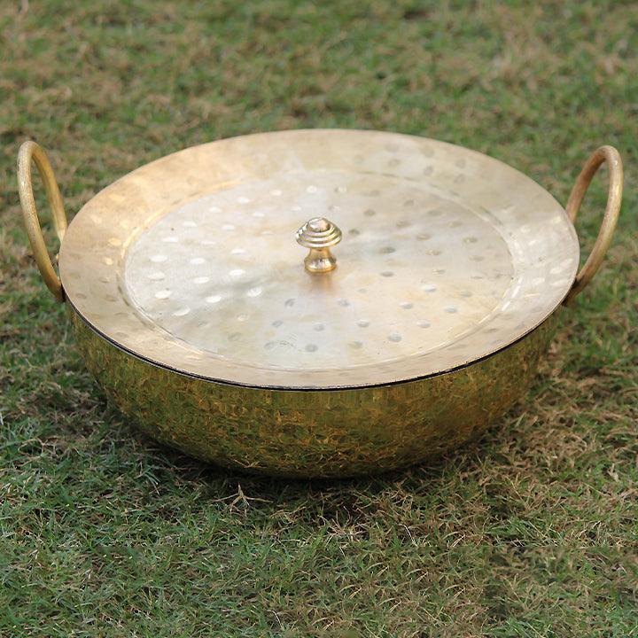 Buy Cookware - Brass Kadhai With Lid | Golden Cookware For Kitchen Utensils & Dining by Indian Bartan on IKIRU online store