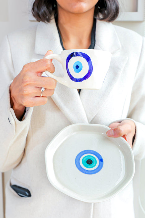 Buy Cups & Mugs - Beautiful Ceramic Evil Eye Cup & Saucer Set | White Serveware For Dining Table & Home by Arte Casa on IKIRU online store