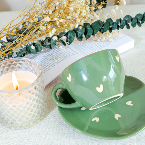 Buy Cups & Mugs - Ceramic Heart Tea Cup & Saucer Set | Decorative Green Serveware For Kitchen & Table by Arte Casa on IKIRU online store