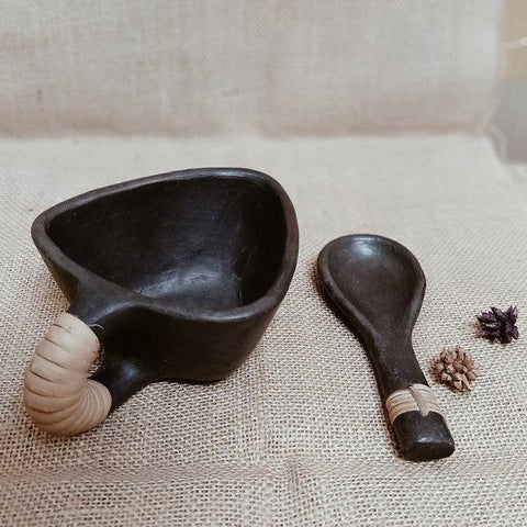 Longpi Black Pottery Soup Mug With Spoon | Bowl Set