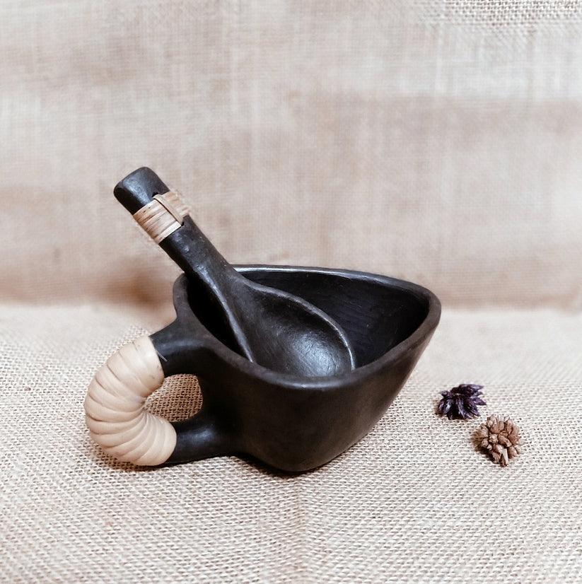 Buy Cups & Mugs - Longpi Black Pottery Soup Mug With Spoon | Bowl Set by Terracotta By Sachii on IKIRU online store
