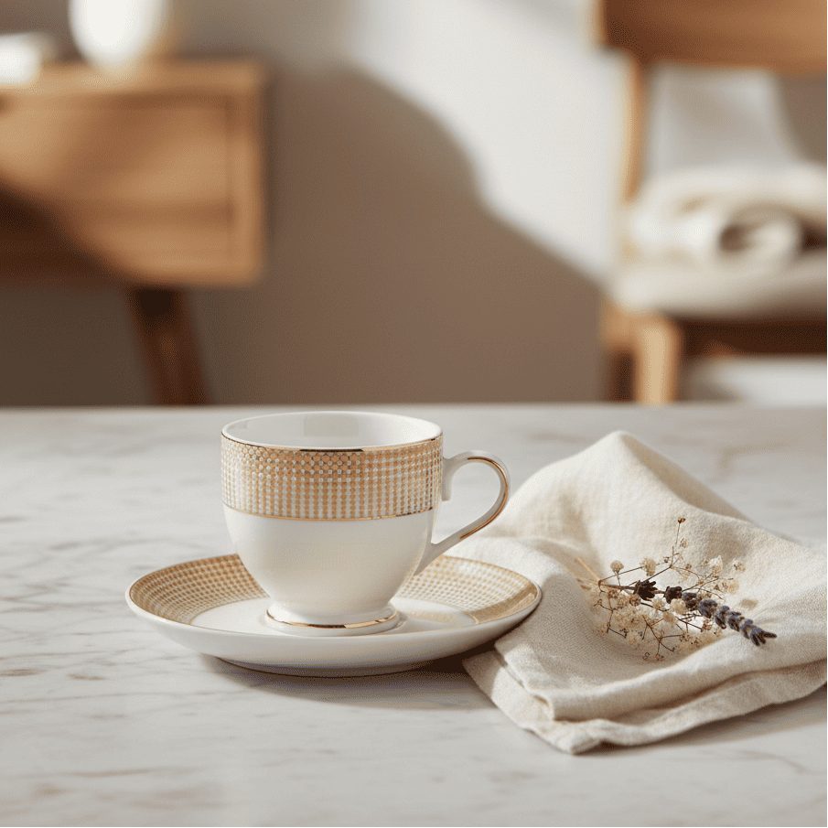 Luxurious Cup and Saucer Set- White and Gold Finish