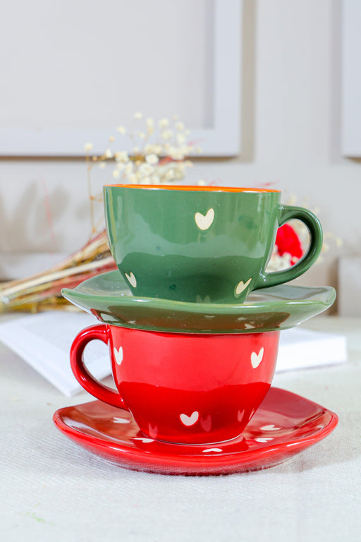 Buy Cups & Mugs - Red & Green Ceramic Couple Heart Cup or Mug Saucer Set of 2 For Tableware by Arte Casa on IKIRU online store