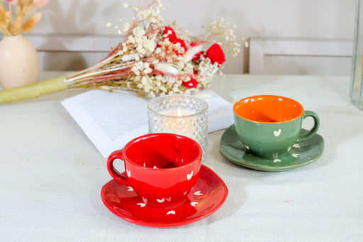 Buy Cups & Mugs - Red & Green Ceramic Couple Heart Cup | Tea Mug Saucer Set of 2 by Arte Casa on IKIRU online store