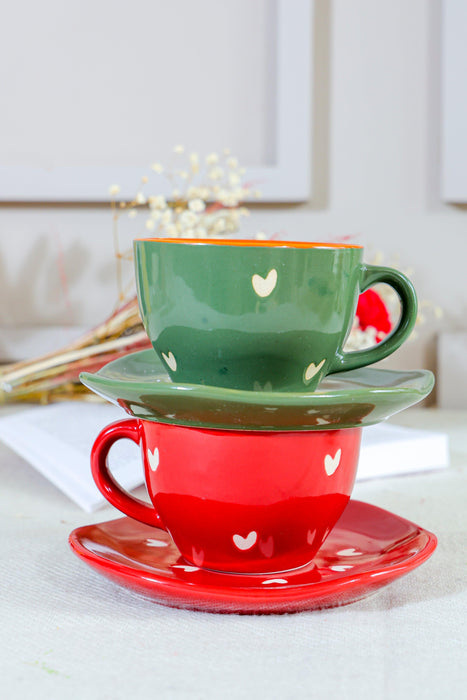 Buy Cups & Mugs - Red & Green Ceramic Couple Heart Cup | Tea Mug Saucer Set of 2 by Arte Casa on IKIRU online store